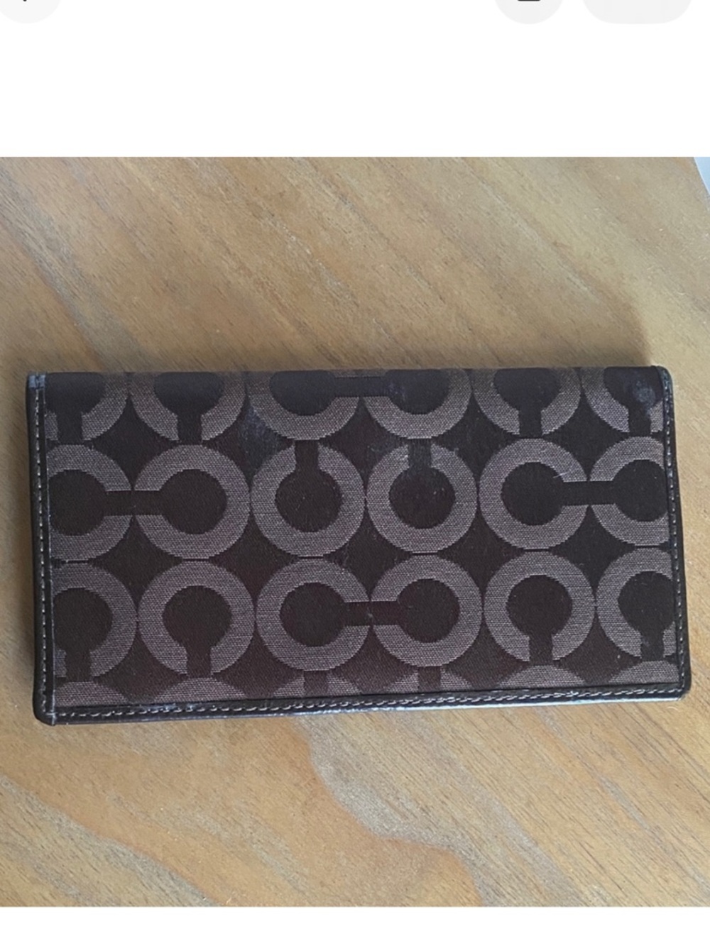 Coach Signature Canvas Checkbook Wallet Brown w/ Purple Leather Interior
